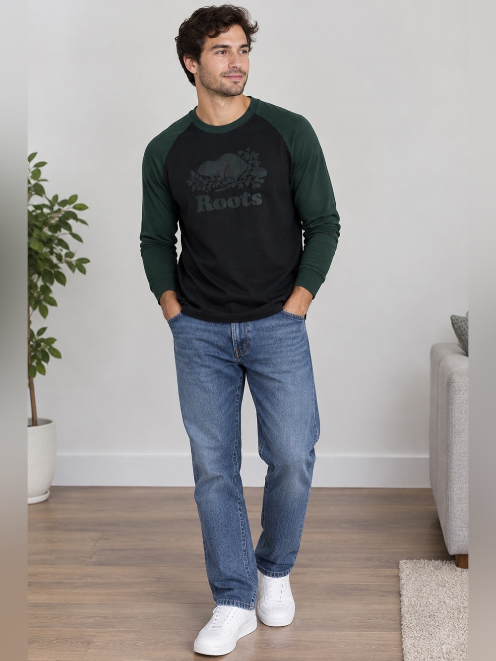 Roots Men's Black Body with Dark Green Raglan Long-Sleeve Tee - NWT
